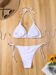 2-Piece Pure White BikiniSet ThinShoulderStrap Backless Swimsuit with Fine Straps Simple Bandage Side Detail