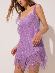 U-neck Tassels Backless Dresses