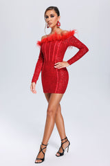 Feather Sequin Mini Dress - Red