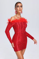 Feather Sequin Mini Dress - Red