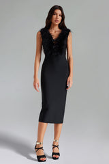Feather V Neck Bandage Midi Dress