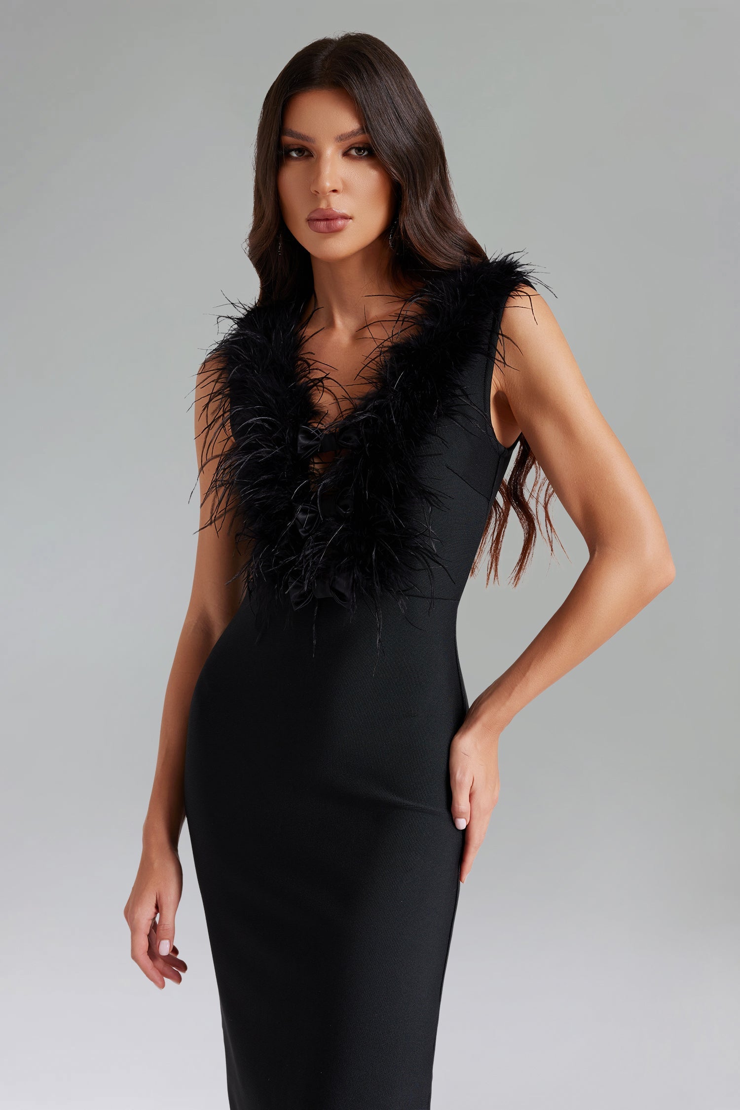 Feather V Neck Bandage Midi Dress