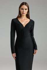 Robe longue bandage à col V et manches longues