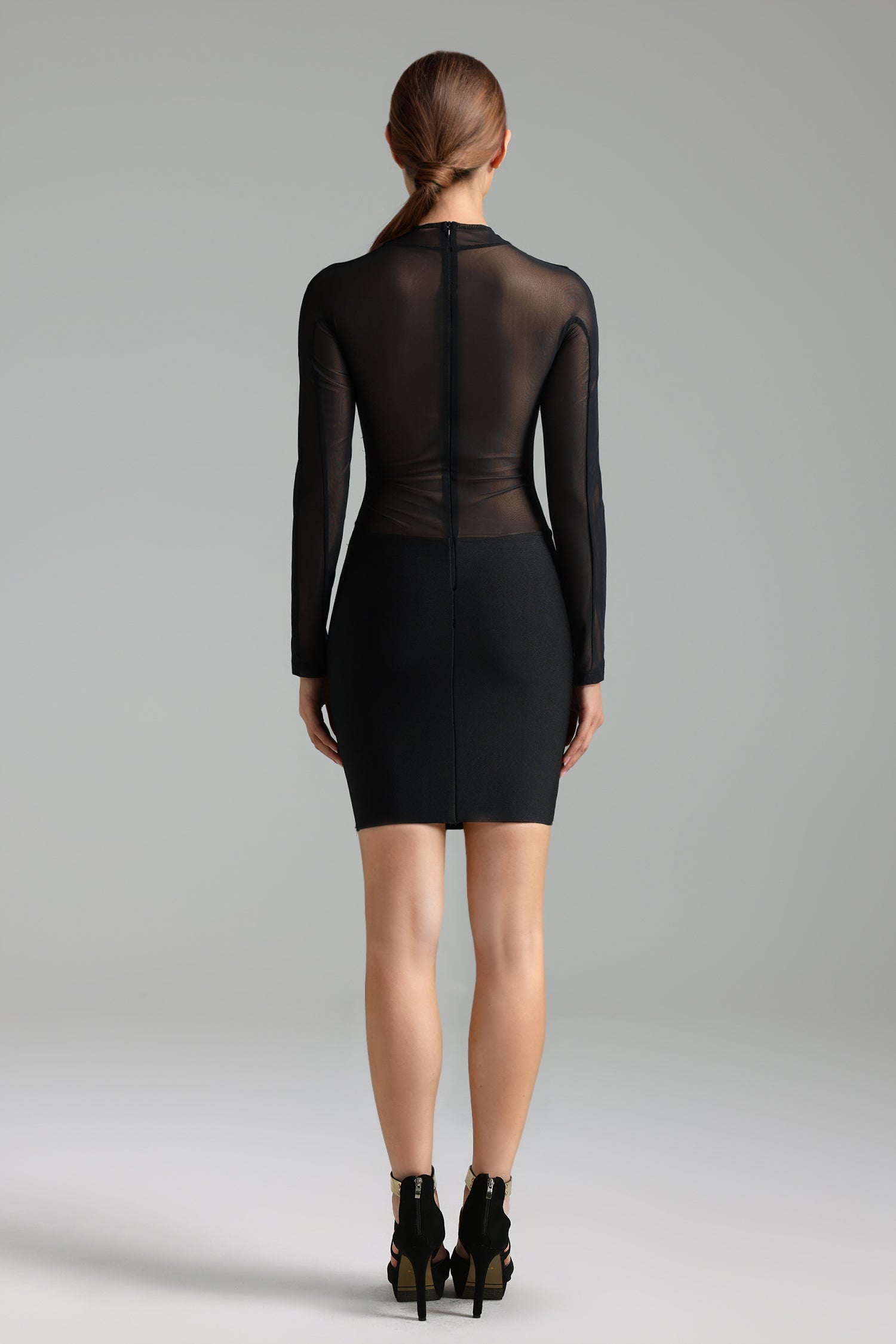 High Neck Long Sleeves Netting Bandage Mini Dress