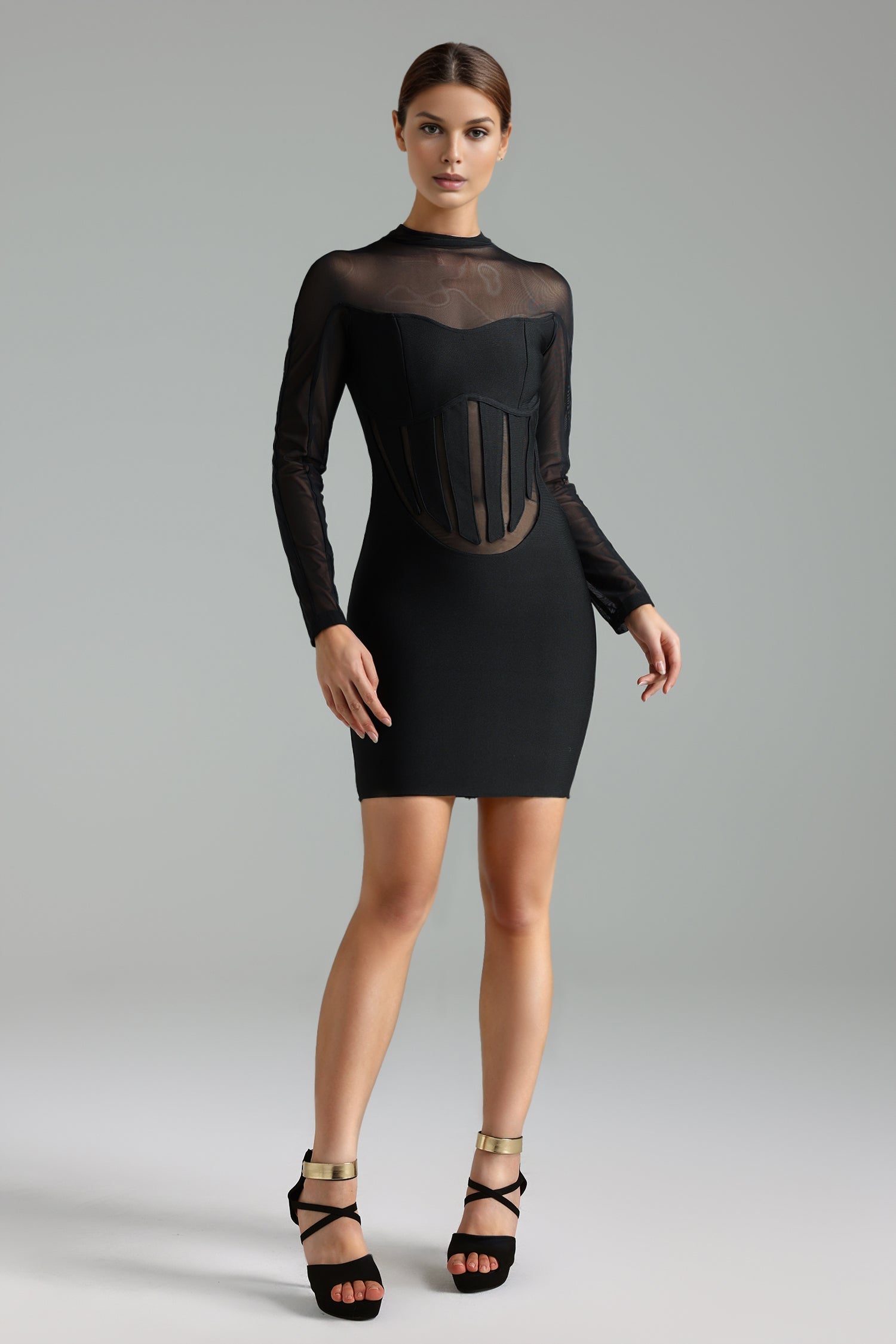 High Neck Long Sleeves Netting Bandage Mini Dress
