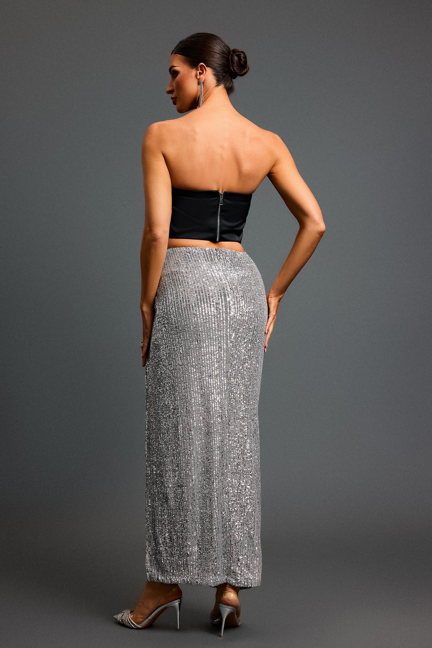 Flowers Sequin High Slit Maxi Skirt