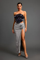 Flowers Sequin High Slit Maxi Skirt