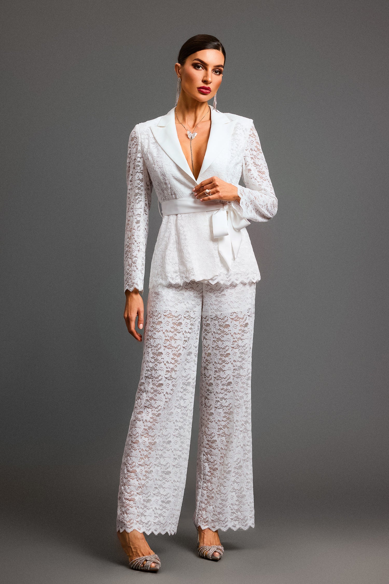 Deep-V Long Sleeves Lace Two-Piece Set