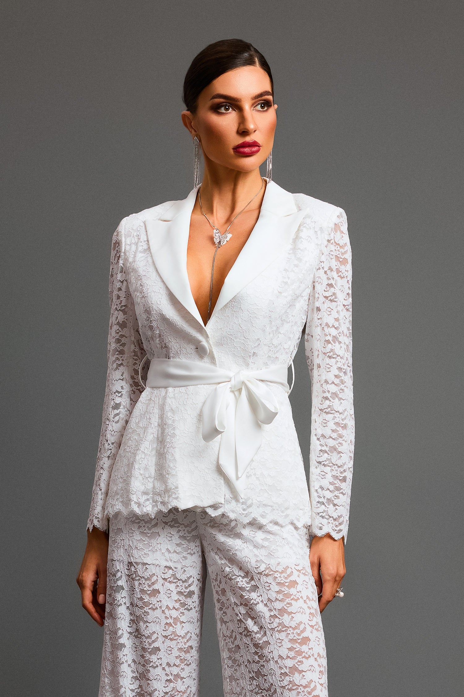 Deep-V Long Sleeves Lace Two-Piece Set