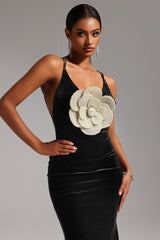 V-Neck Sleeveless Flowers Backless Velvet Maxi Dress