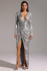 Deep V Long Sleeve Shirr Maxi Dress