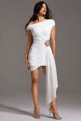 One Shoulder Sleeveless Flowers Diamond Bandage Mini Dress