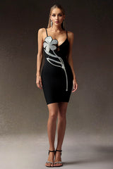 Flower Deep-V Diamond Bandage Mini Dress