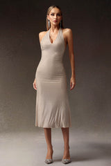 Deep-V Diamond Slim Backless Midi Dress