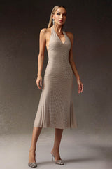 Deep-V Diamond Slim Backless Midi Dress