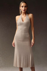 Deep-V Diamond Slim Backless Midi Dress