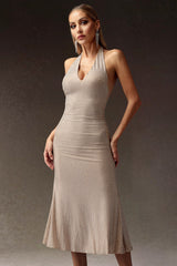 Deep-V Diamond Slim Backless Midi Dress
