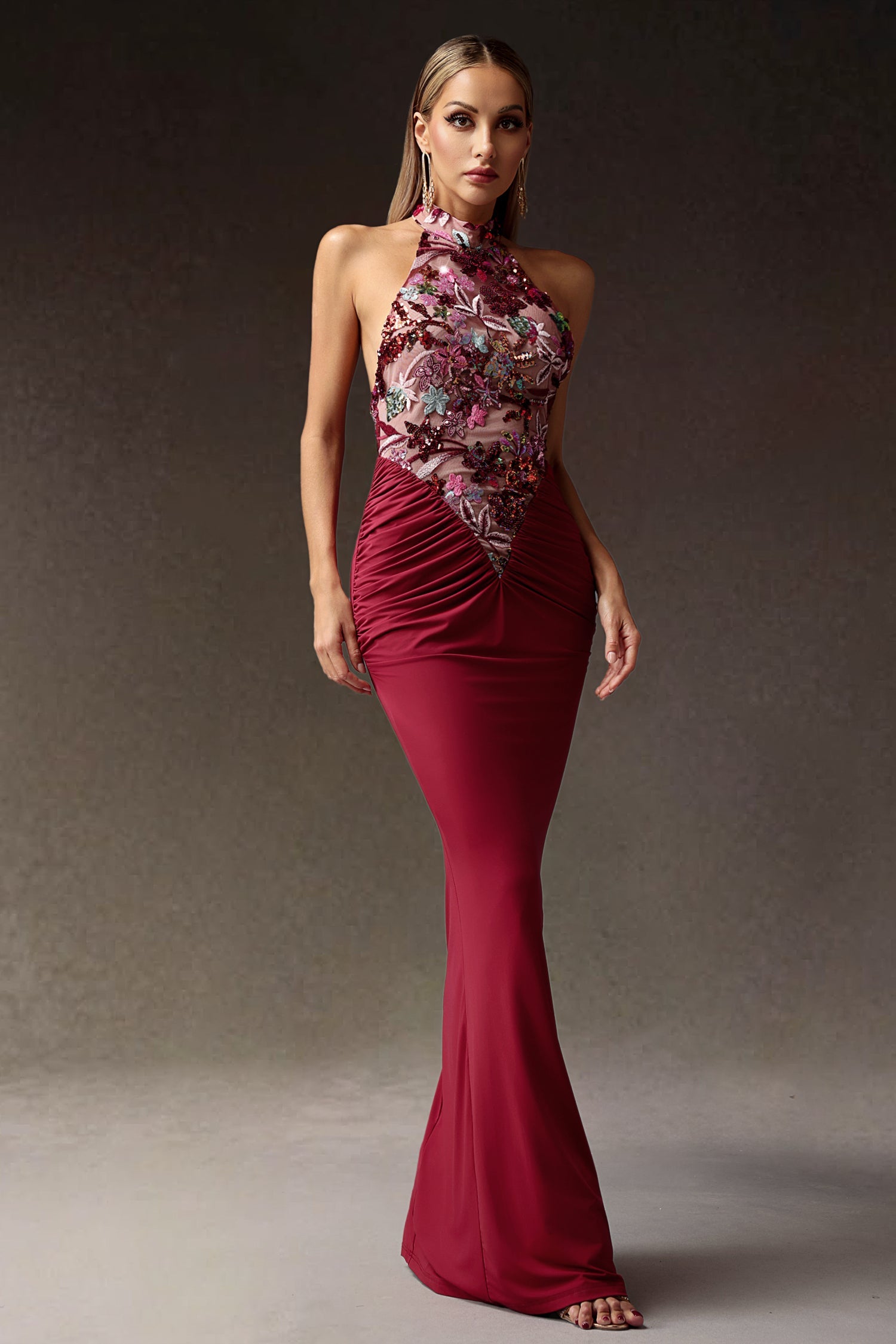 Flowers Sequins Slim Maxi Dress