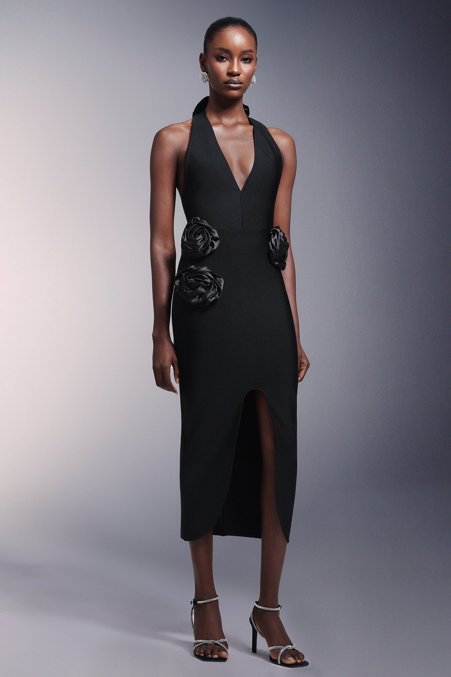 Flowers High Slit Deep-V Bandage Midi Dress