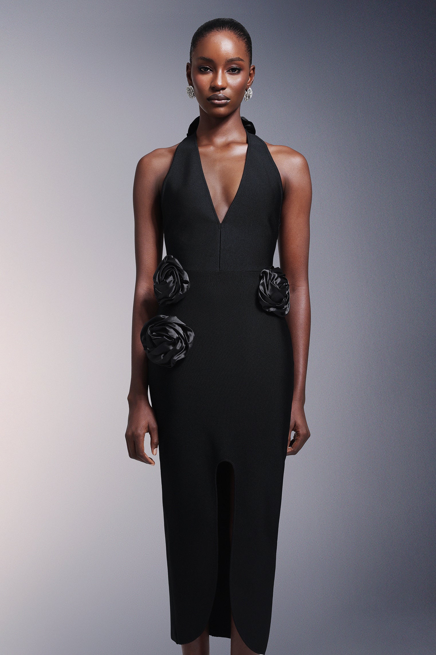 Flowers High Slit Deep-V Bandage Midi Dress