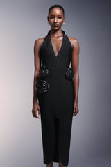 Flowers High Slit Deep-V Bandage Midi Dress