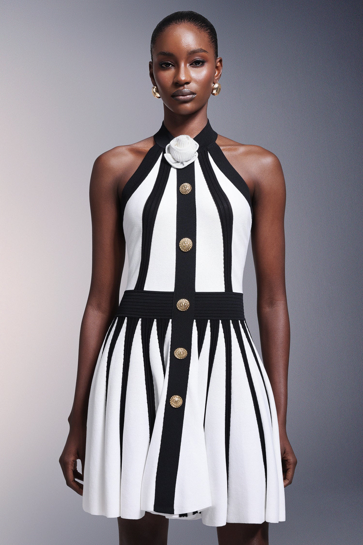 Flower Halter Stripes Mini Dress