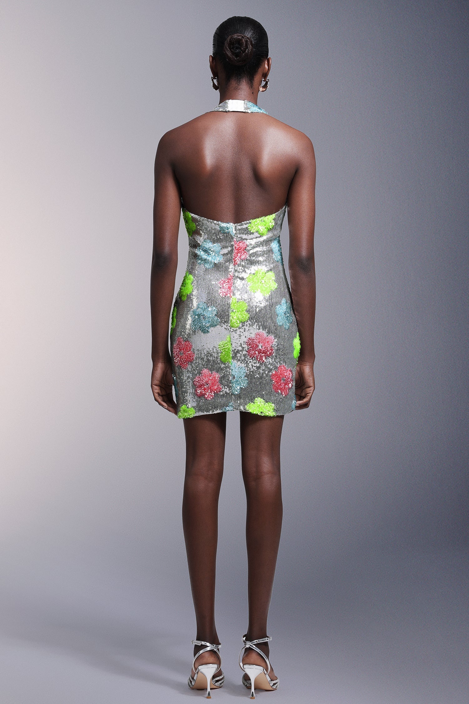 Flowers Backless Halter Sequins Mini Dress