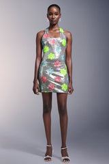 Flowers Backless Halter Sequins Mini Dress