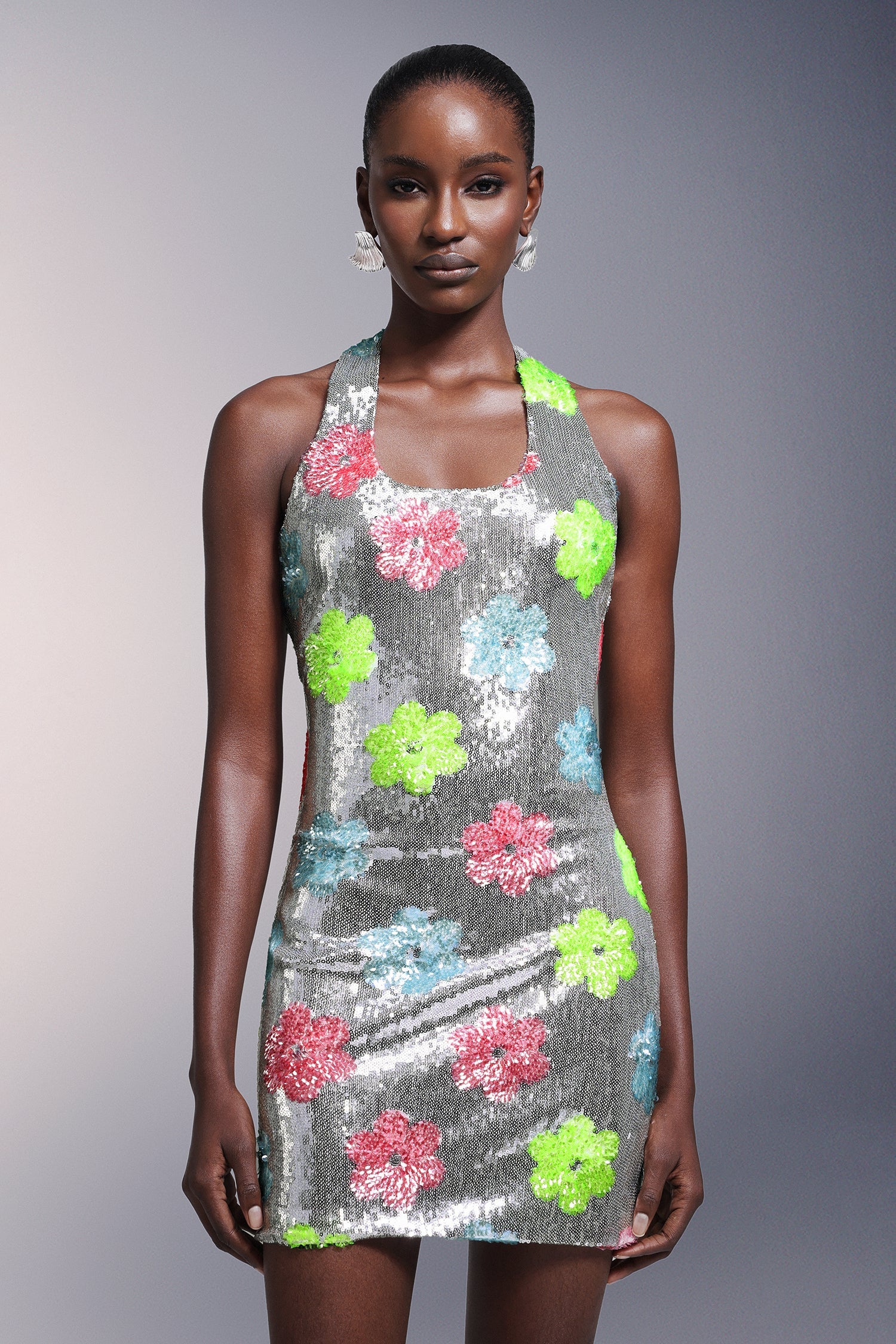 Flowers Backless Halter Sequins Mini Dress