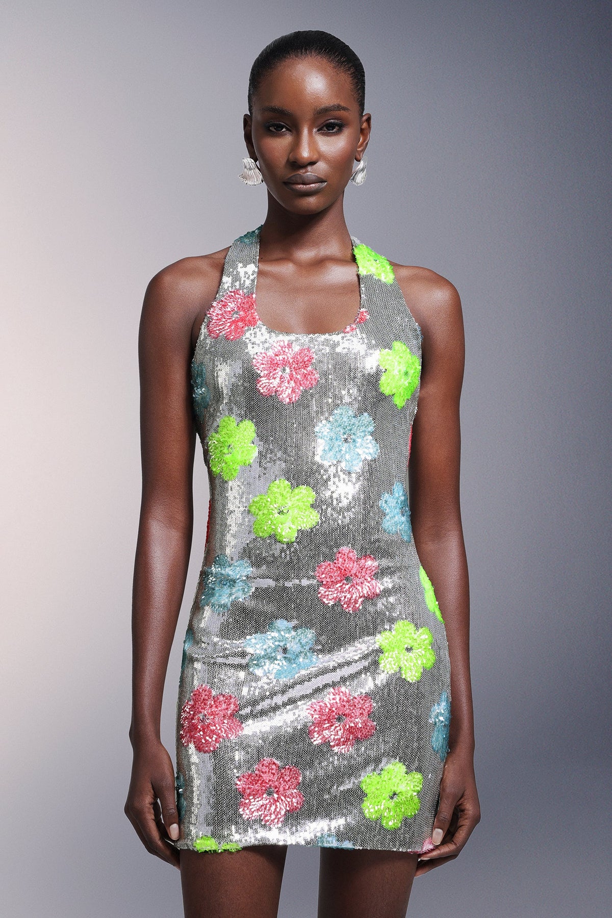 Flowers Backless Halter Sequins Mini Dress