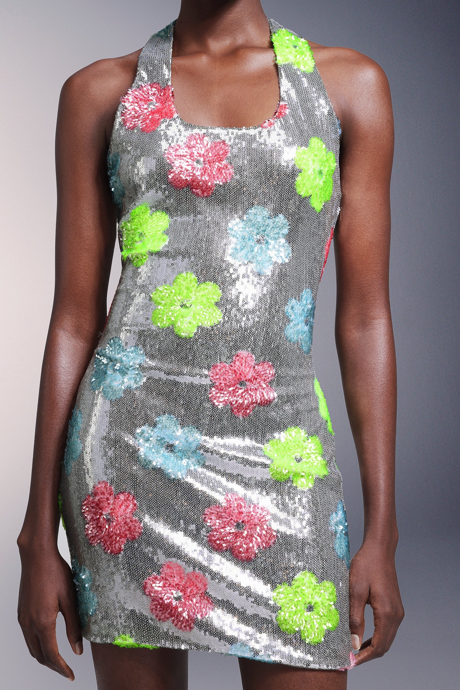 Flowers Backless Halter Sequins Mini Dress