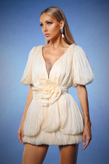 Deep-V Short Sleeves Flowers Mini Dress