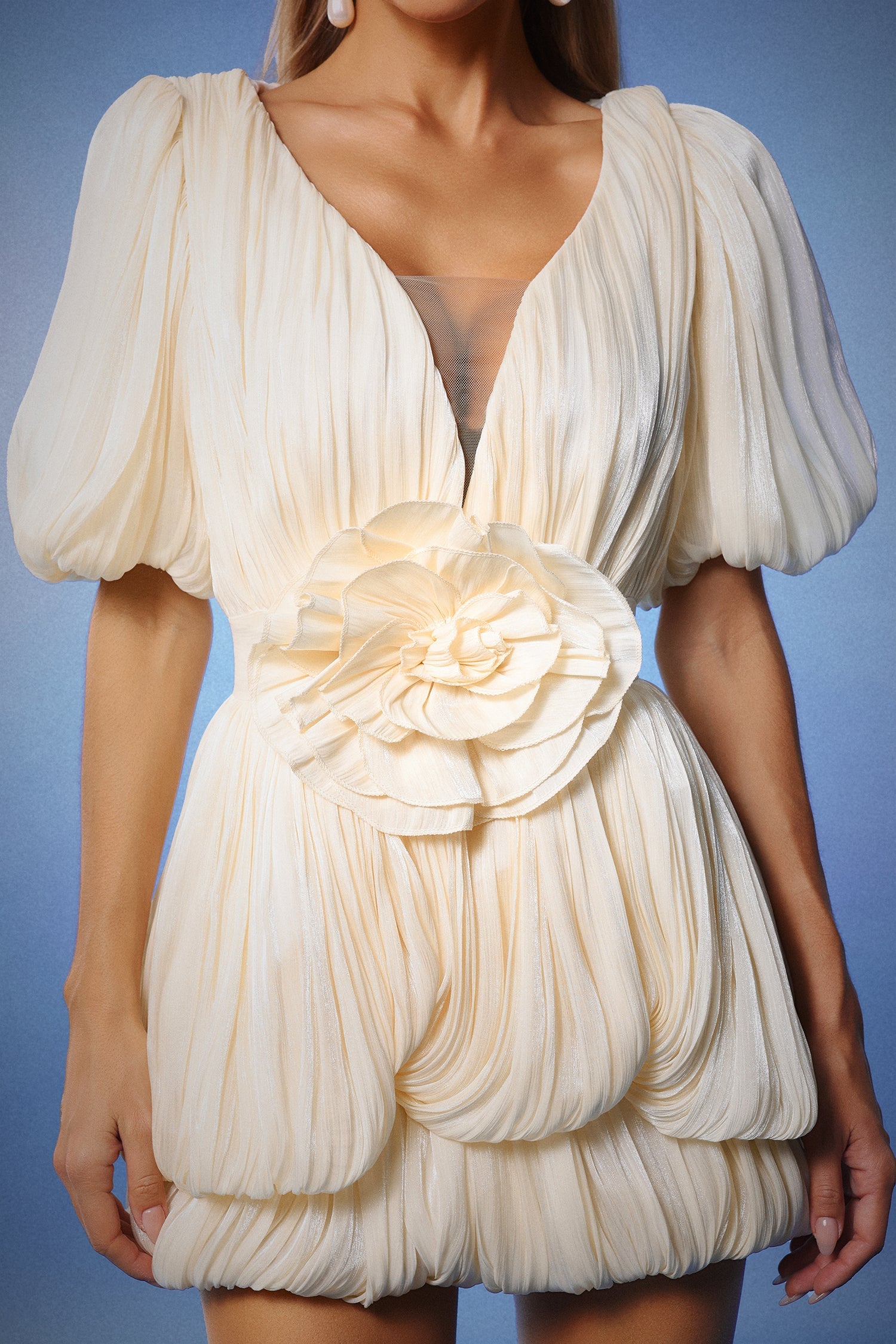 Deep-V Short Sleeves Flowers Mini Dress