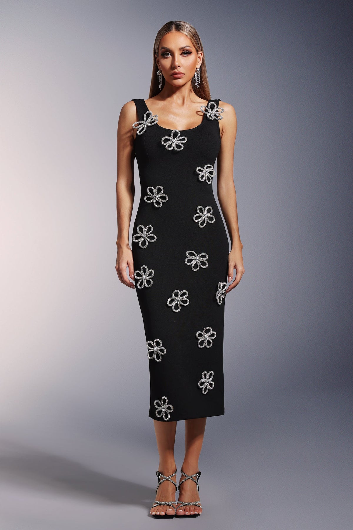 Sleeveless  Diamond Flowers Bandage Midi Dress