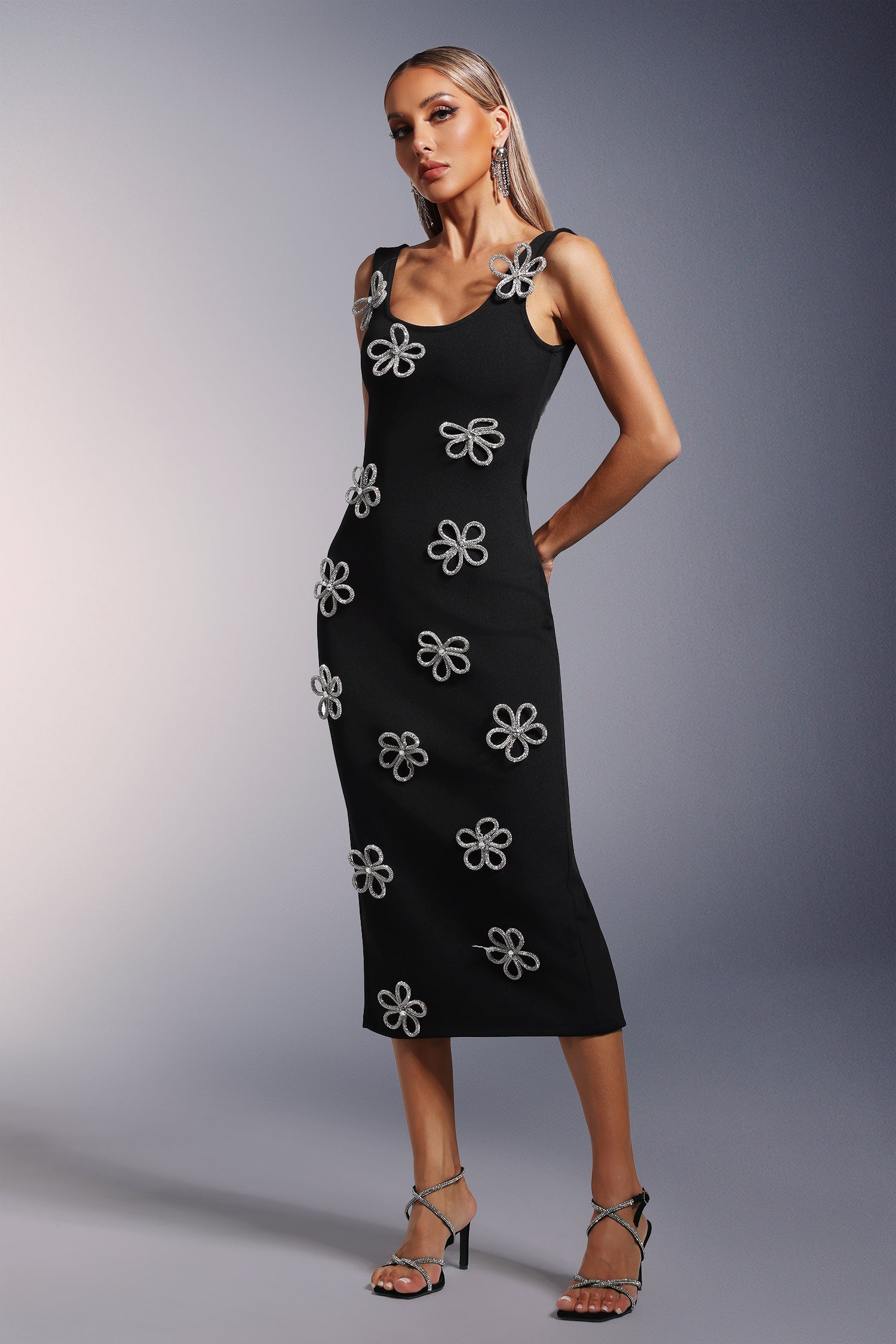 Sleeveless  Diamond Flowers Bandage Midi Dress