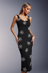 Sleeveless  Diamond Flowers Bandage Midi Dress