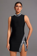 Bandage  Sleeveless High Neck Diamond Slit Mini Dress