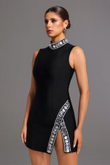 Bandage  Sleeveless High Neck Diamond Slit Mini Dress