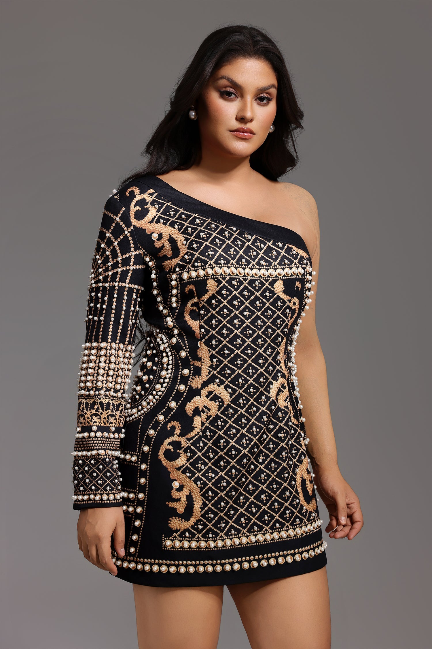 One Shoulder Pearl Mini Dress