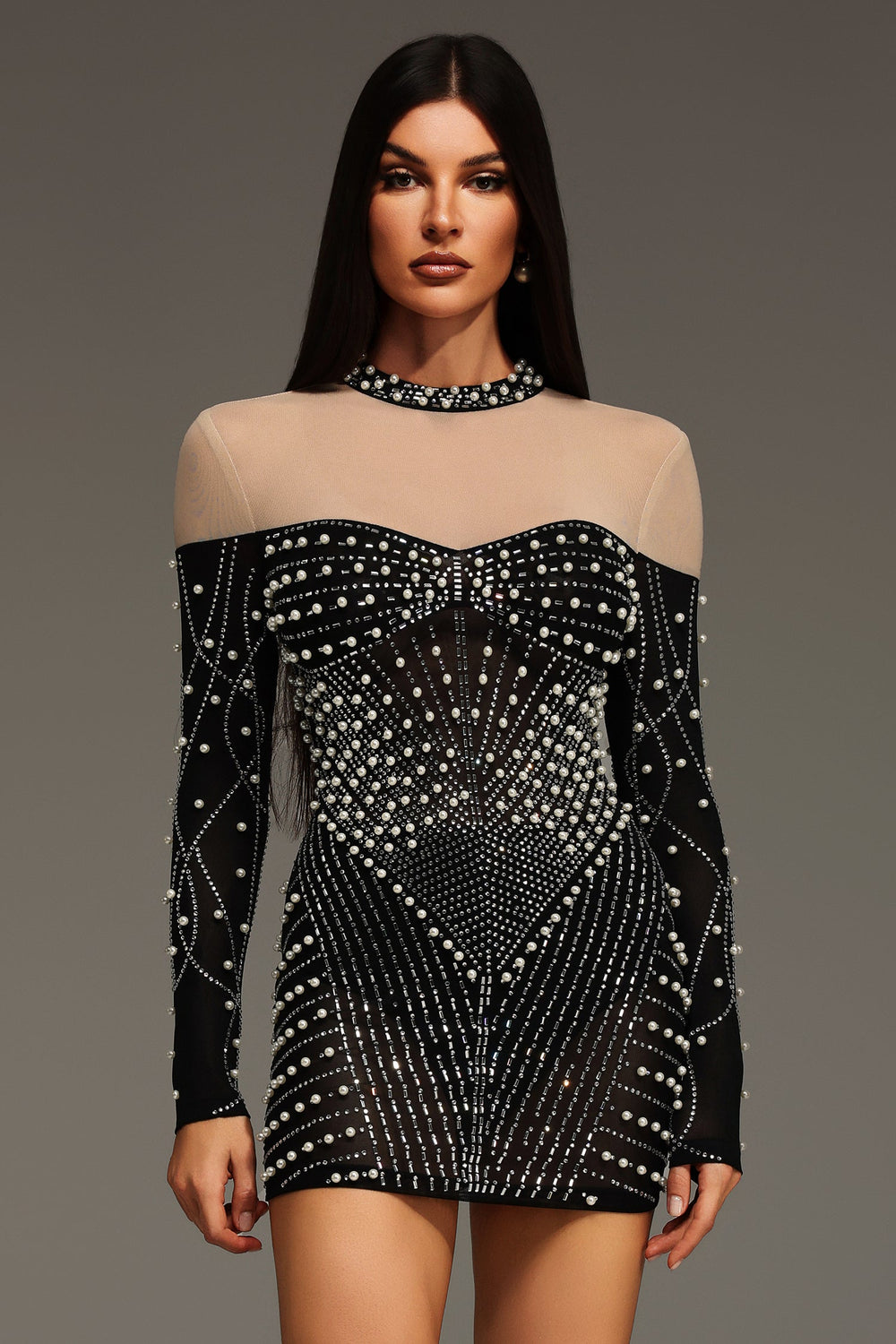 Long Sleeves Diamond Pearl Mini Dress Lady Zo Long Sleeves Diamond Pearl Mini Dress Lady Zo