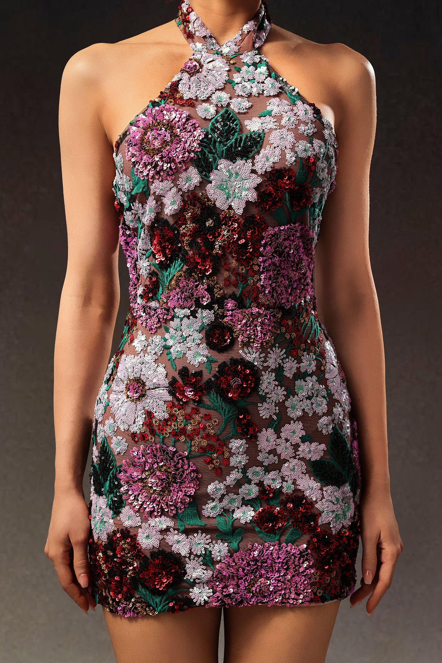 Halter Sleeveless Sequins Flower Mini Dress