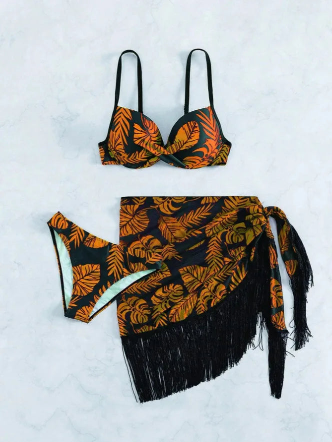 3-Piece Printed Bikini Set with Fringe Matching Cover-Up Quick Dry & Chlorine Resistant Sundre