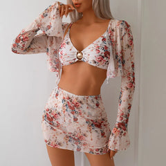 Floral Micro Bikini Set 3 Piece Swimwear Halter Top & Bottom with Cover Up