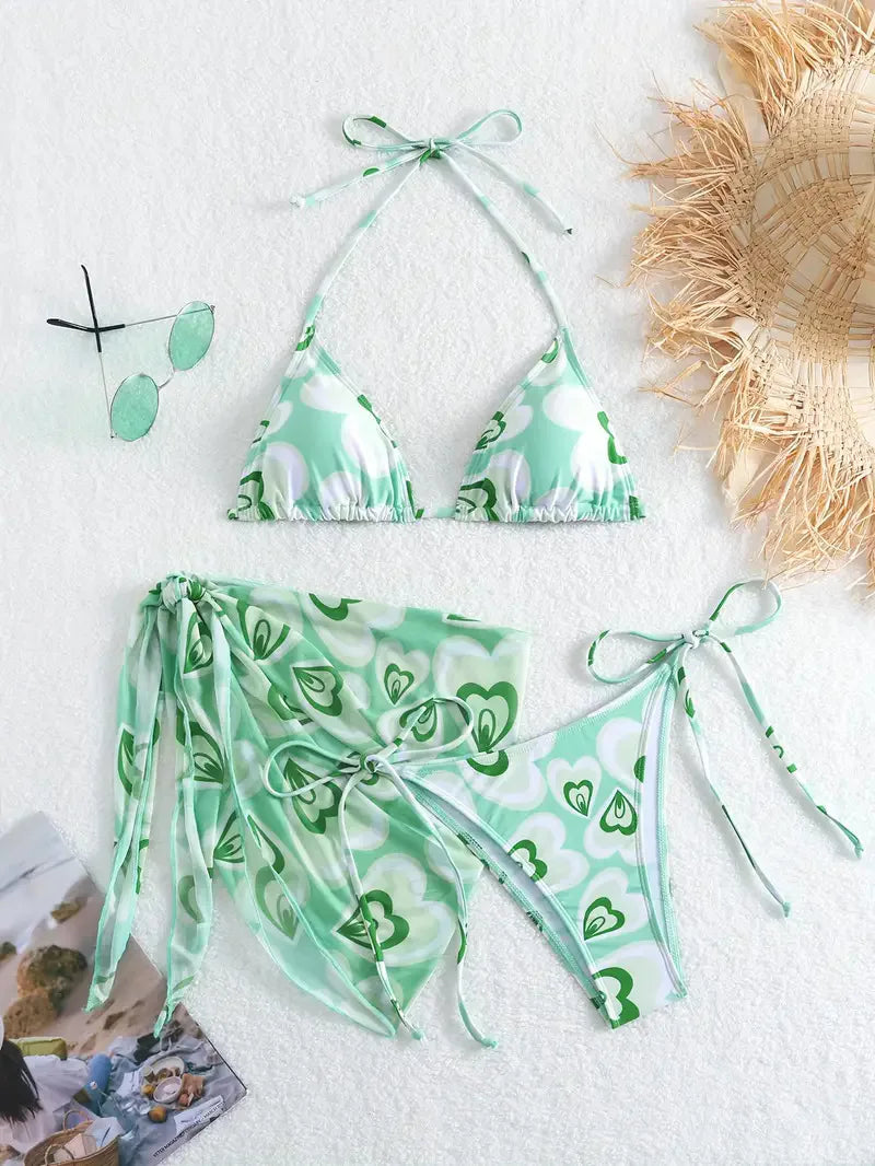Floral Print Bikini Set Backless Swimwear Bottom & Cover Up Bathing Suit Three Pieces