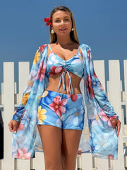 Floral Print Swimwear Set Long Sleeve Cover-Up + Bikini Top & Boyshorts Sheer Chiffon Outfit Three Piece Suit