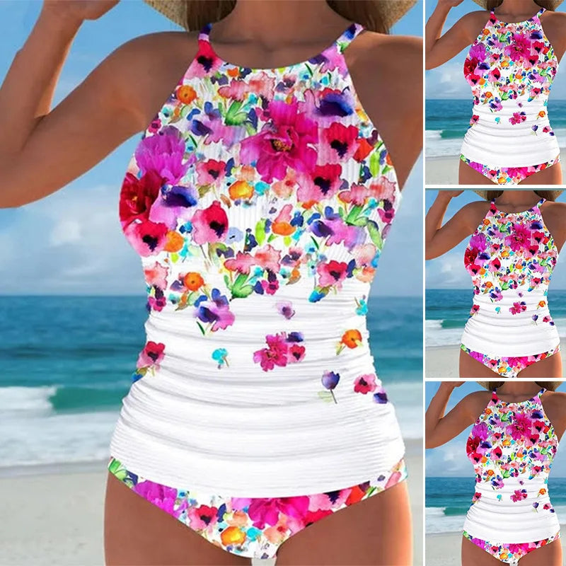 Floral Printed Bikini Set Tummy Control Bottom & Triangle Top Swimwear for & Pool Shirts