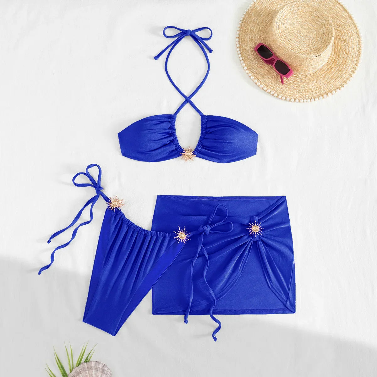 3-Piece Solid Color Bikini Set High-Waist Bottom & Halter Top Matching Solid Bathing Set