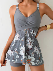 Patchwork Printed Tankini Set Modest Swim Strap Cover Up Swimsuit Two Piece
