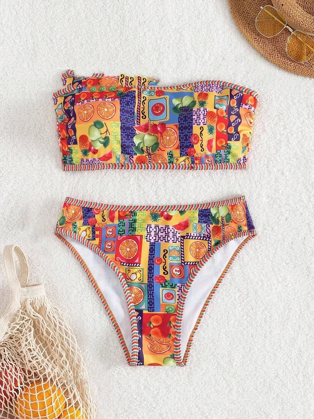 Printed Strapless Bikini Set Retro Tie-Front Two-Piece Swimsuit Elegant Swimwear Swimming