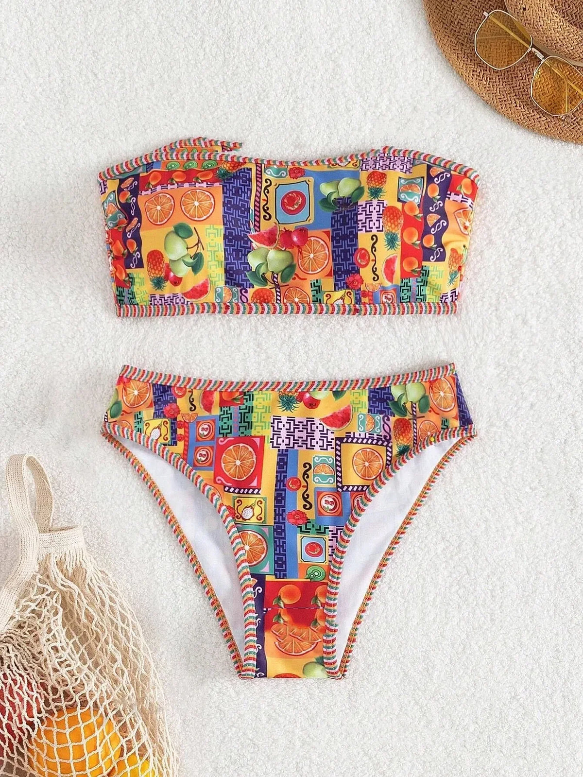 Printed Strapless Bikini Set Retro Tie-Front Two-Piece Swimsuit Elegant Swimwear Swimming